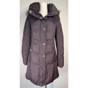 Anne Klein Down Puffer Coat Women’s S Long Hooded Faux Fur Gray Quilted